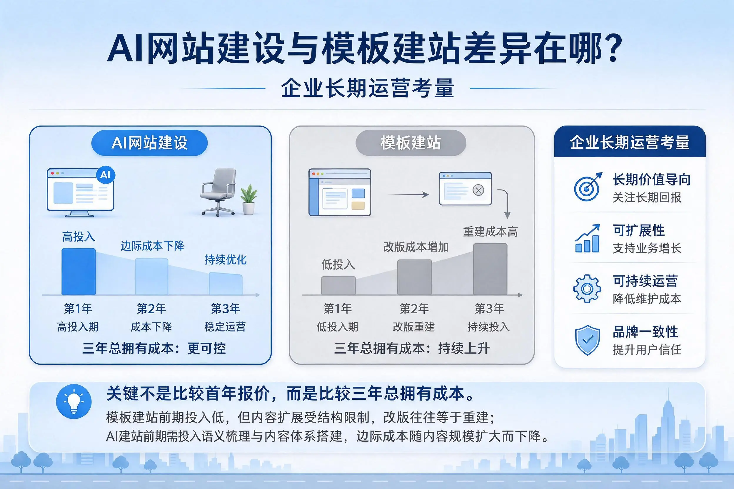 AI网站建设与模板建站差异在哪？那曲企业长期运营考量
